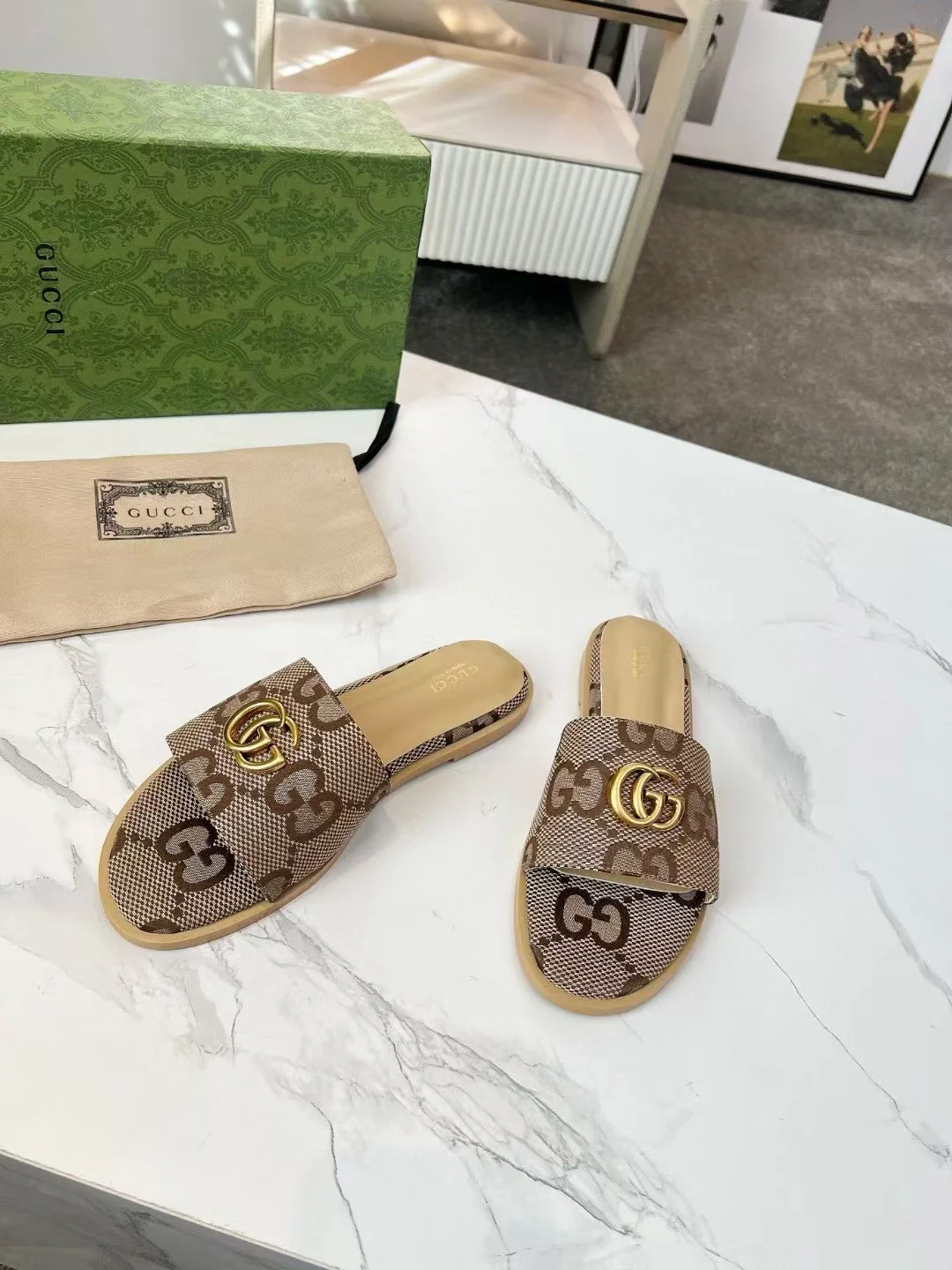 GUCCI Slides Fabric Sheepskin Brown-Gold EU35-42 A40202609111882 - Image 6