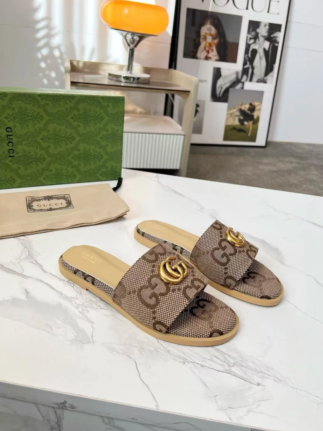 GUCCI Slides Fabric Sheepskin Brown-Gold EU35-42 A40202609111882 - Image 7