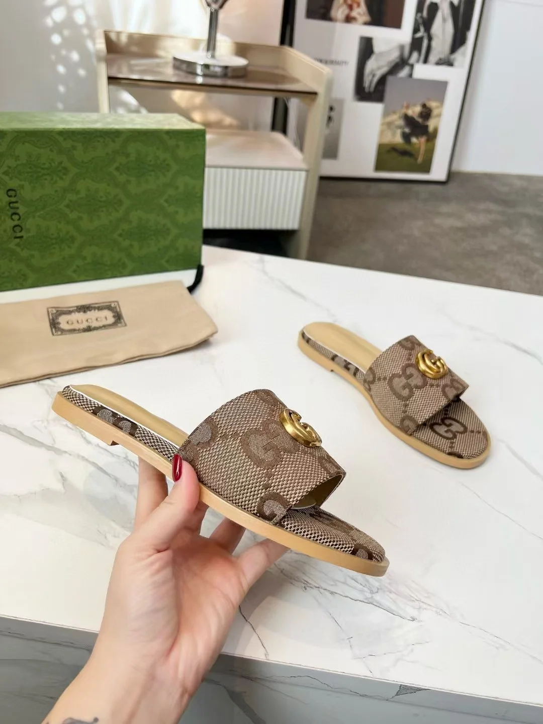 GUCCI Slides Fabric Sheepskin Brown-Gold EU35-42 A40202609111882 - Image 9