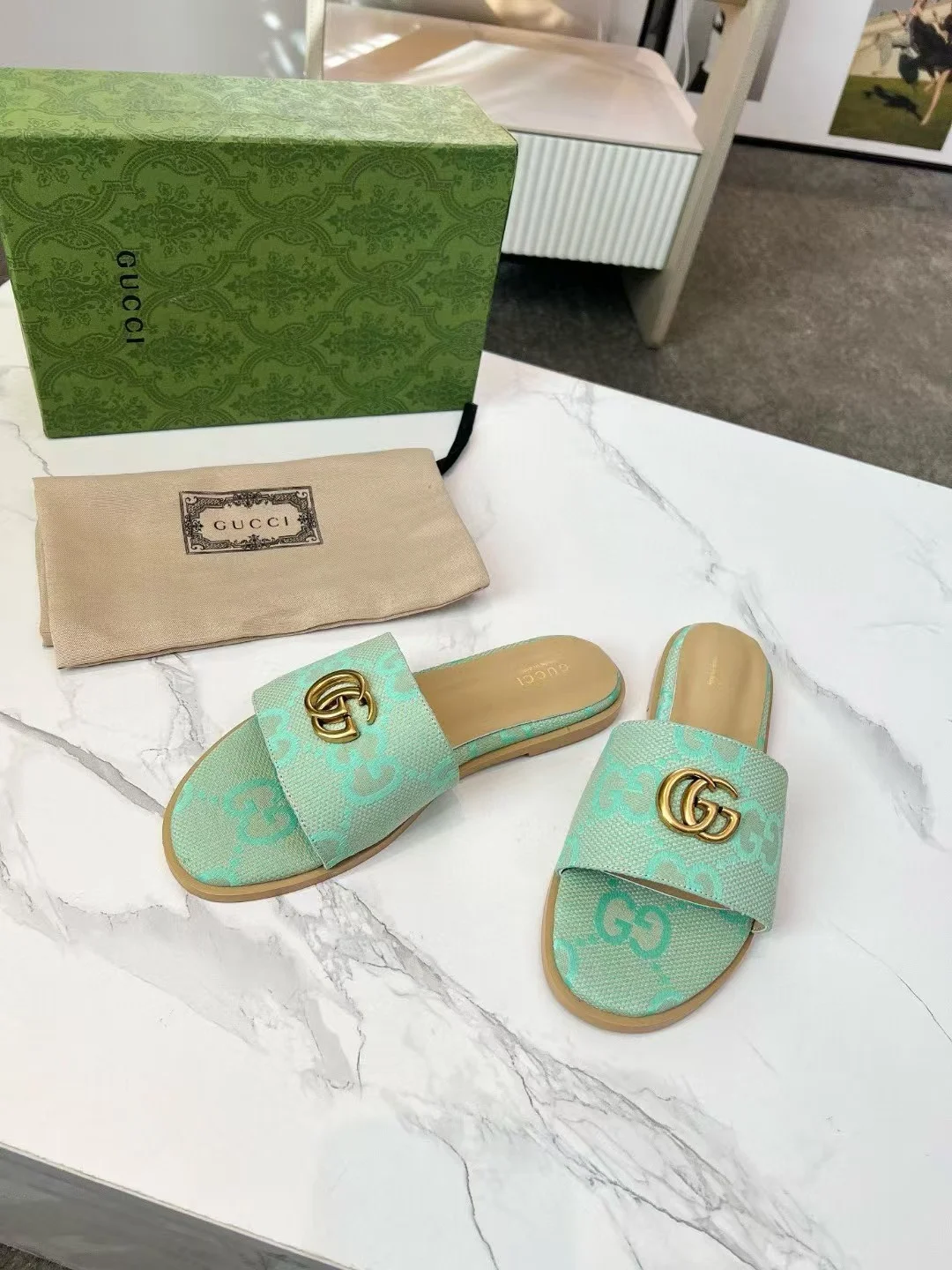GUCCI Slides Fabric Sheepskin Mint Green-Gold EU35-42 A40202609111880