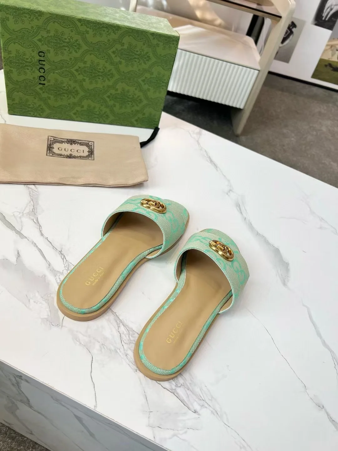 GUCCI Slides Fabric Sheepskin Mint Green-Gold EU35-42 A40202609111880 - Image 3