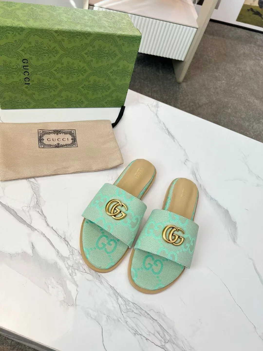 GUCCI Slides Fabric Sheepskin Mint Green-Gold EU35-42 A40202609111880 - Image 4