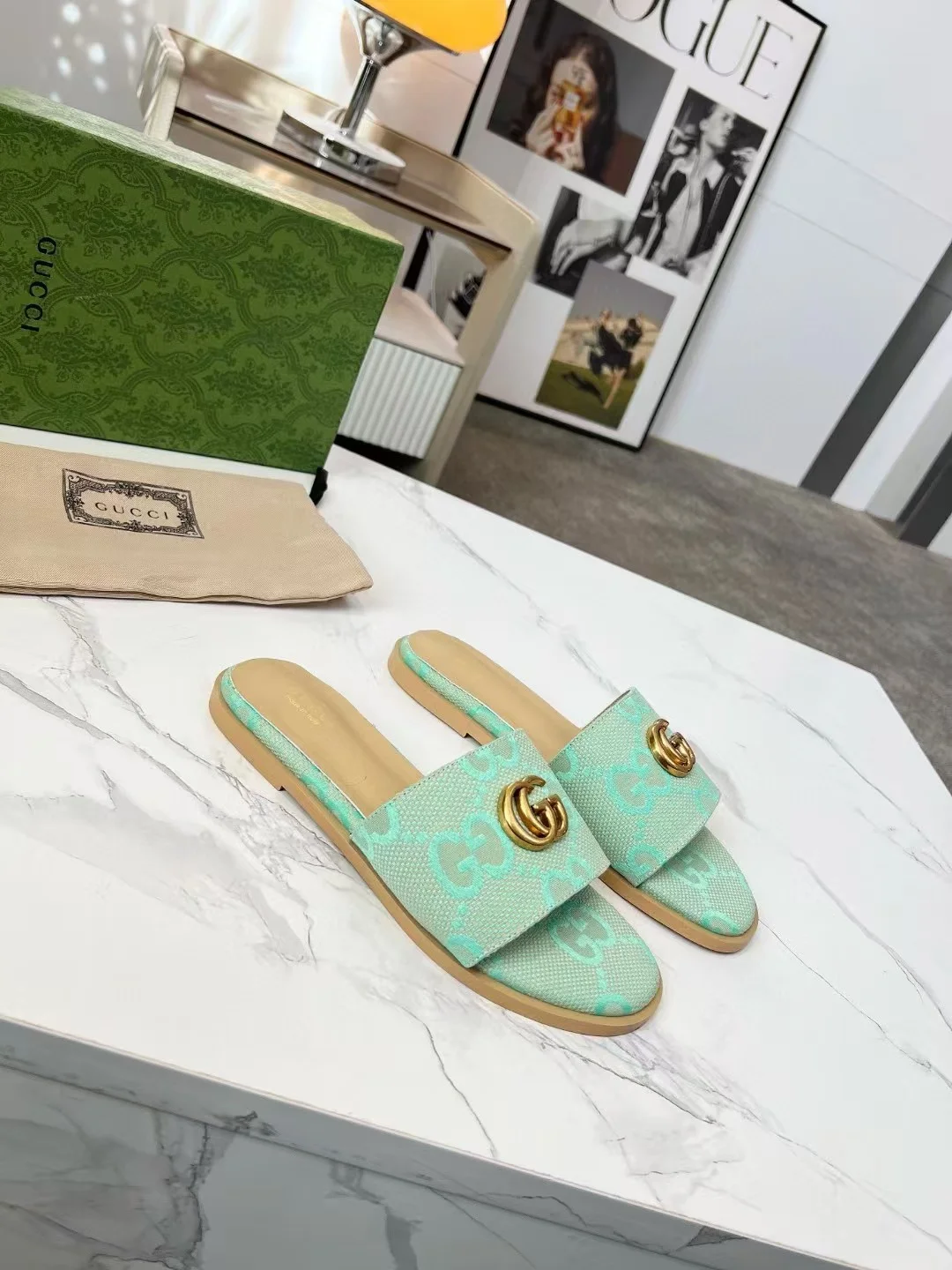 GUCCI Slides Fabric Sheepskin Mint Green-Gold EU35-42 A40202609111880 - Image 5