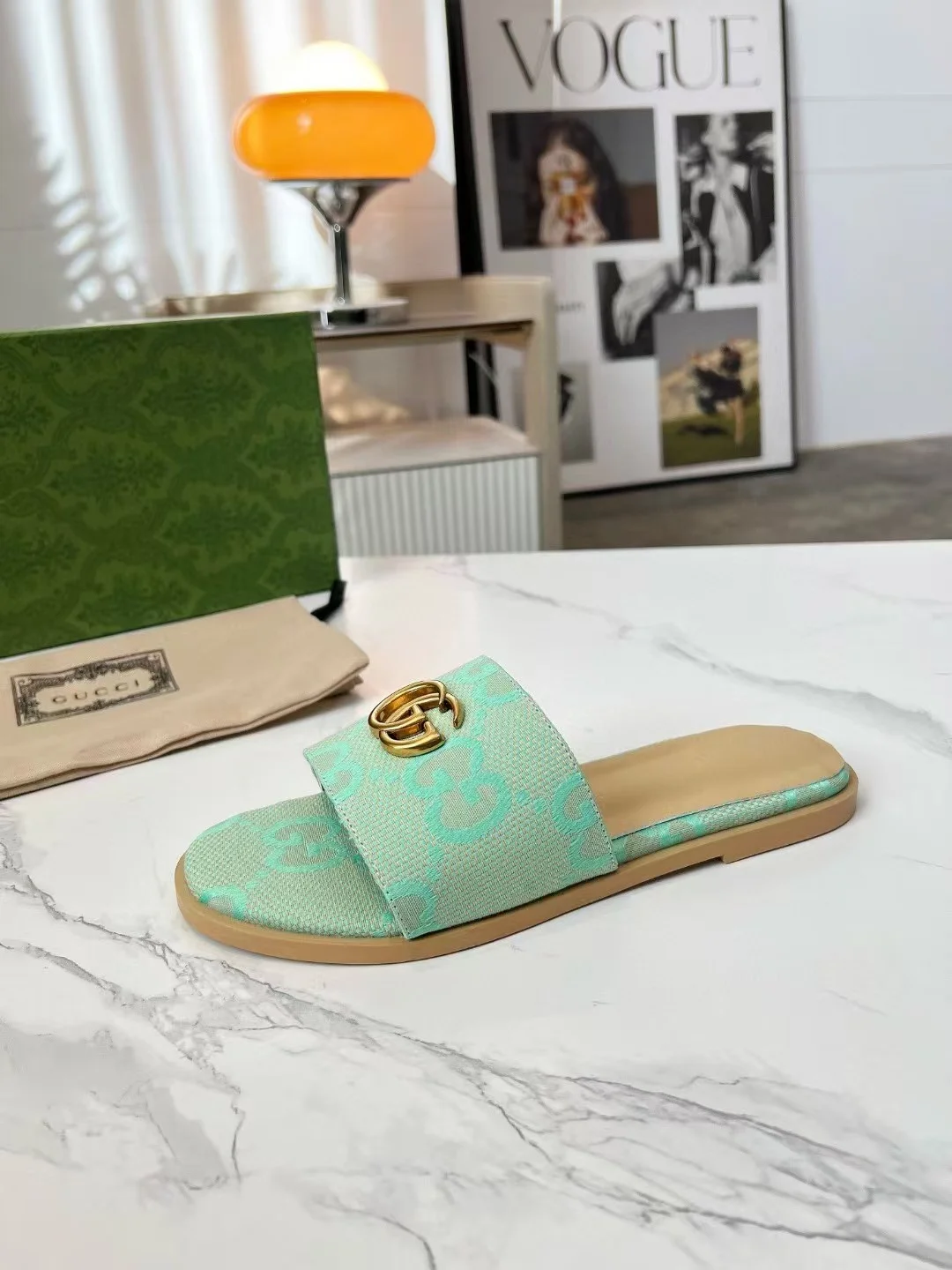 GUCCI Slides Fabric Sheepskin Mint Green-Gold EU35-42 A40202609111880 - Image 6
