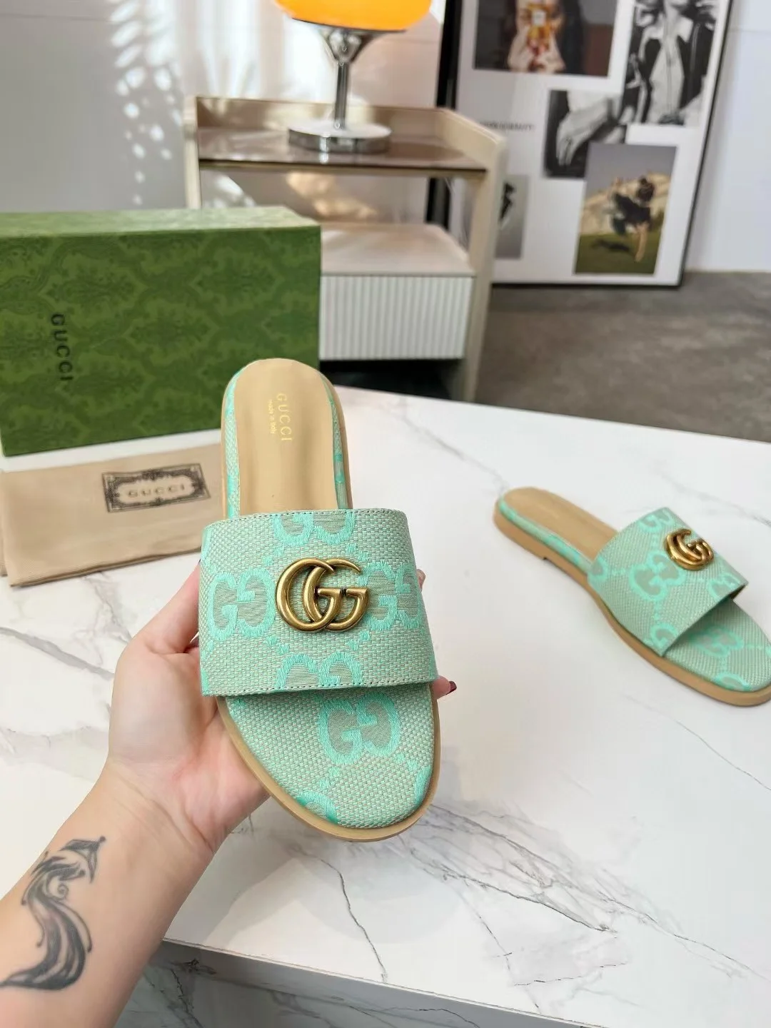 GUCCI Slides Fabric Sheepskin Mint Green-Gold EU35-42 A40202609111880 - Image 7