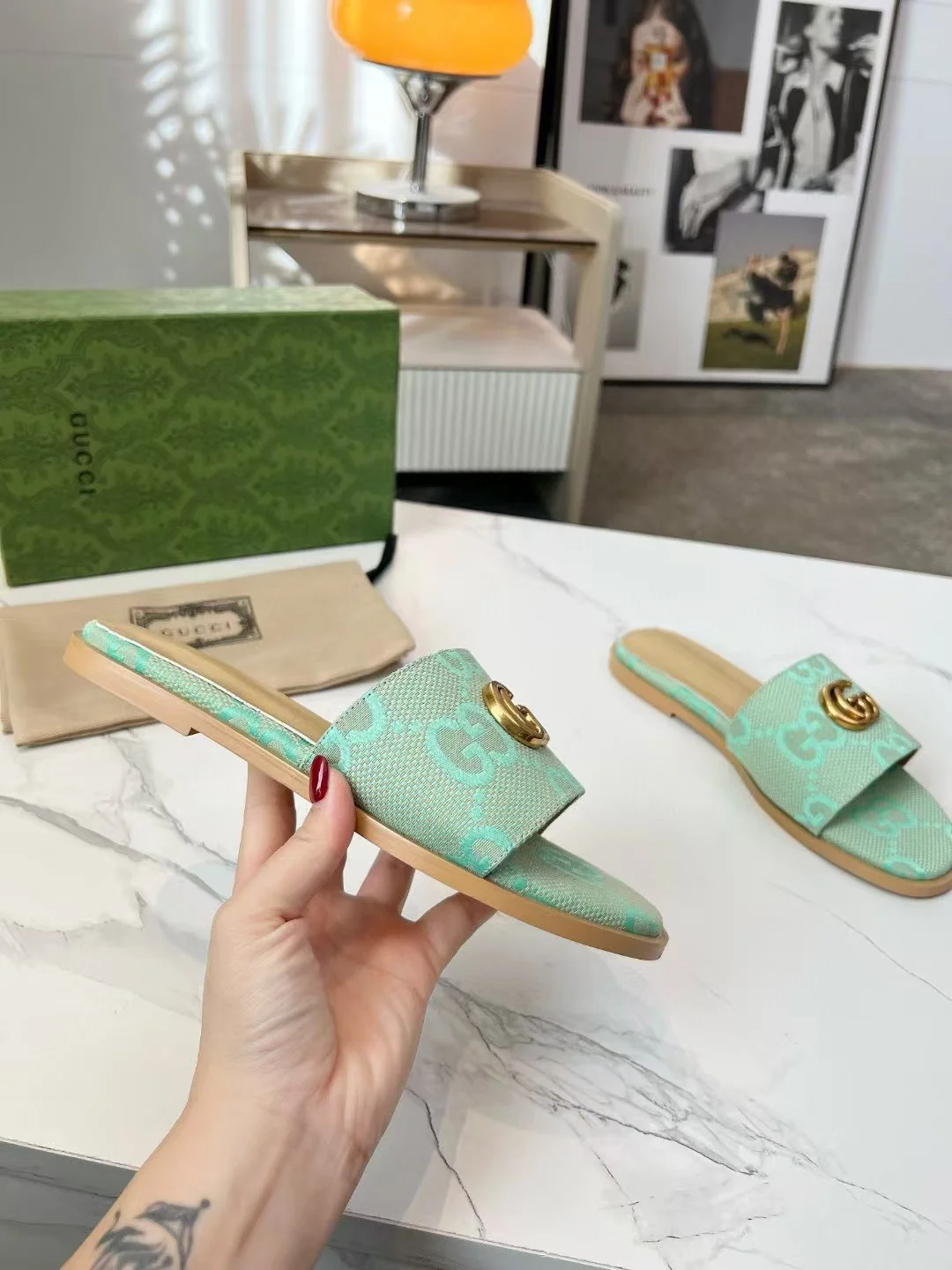 GUCCI Slides Fabric Sheepskin Mint Green-Gold EU35-42 A40202609111880 - Image 8