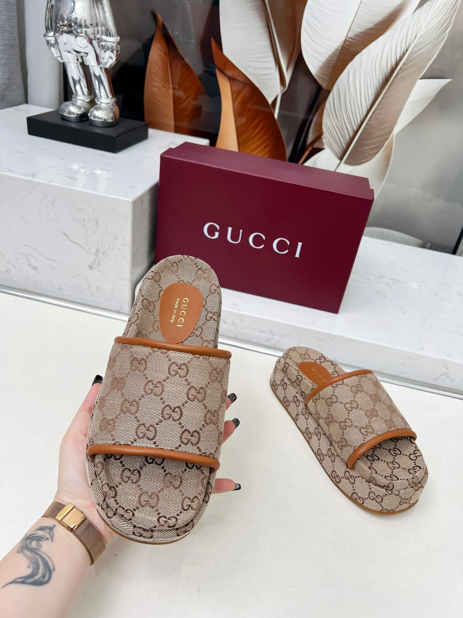 GUCCI Slides Lamb Leather Brown-Beige EU35-46 A70202609111219 - Image 4