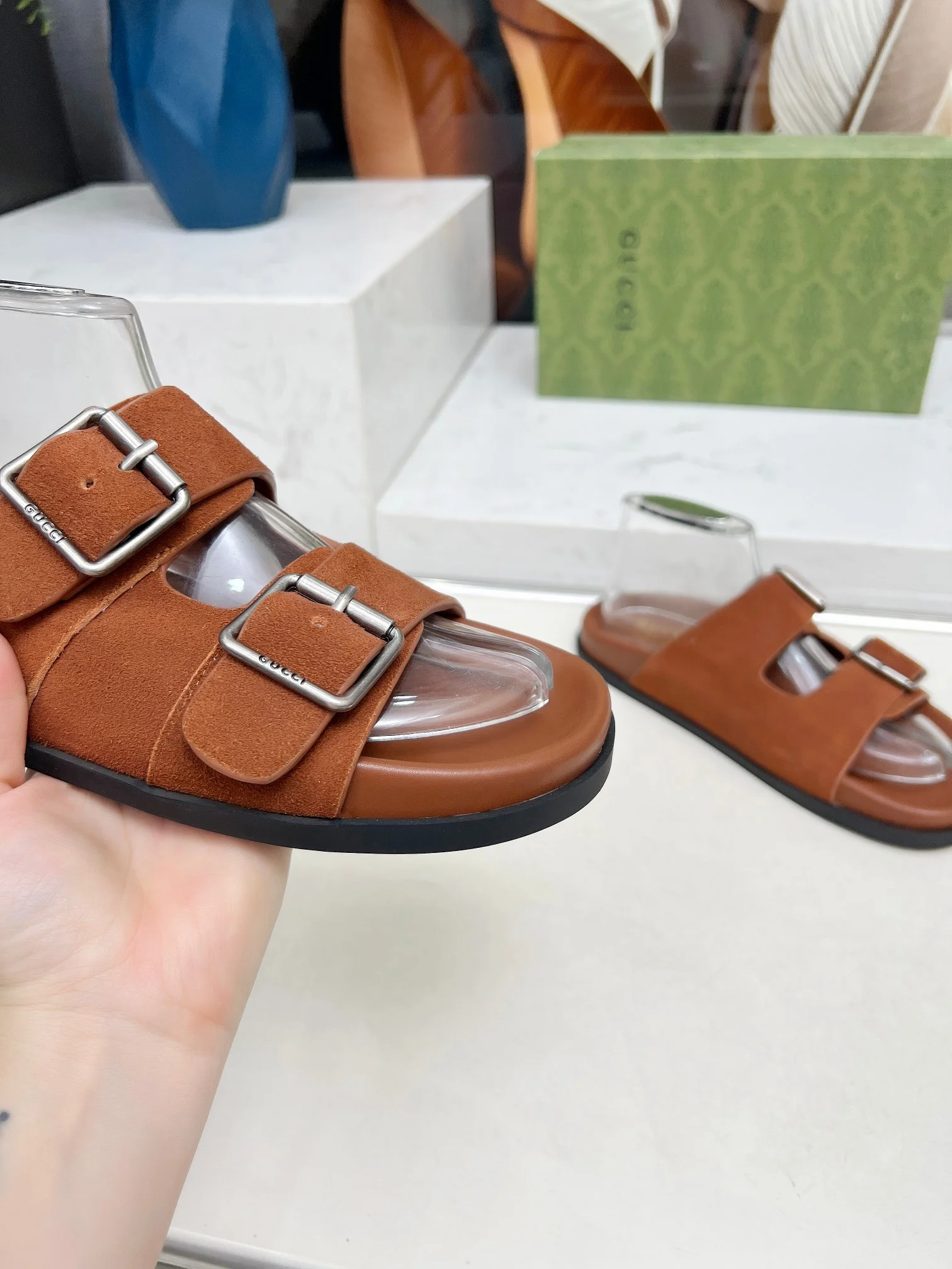 GUCCI Slides Lamb Leather Brown-Silver EU35-46 A80202609111215 - Image 2