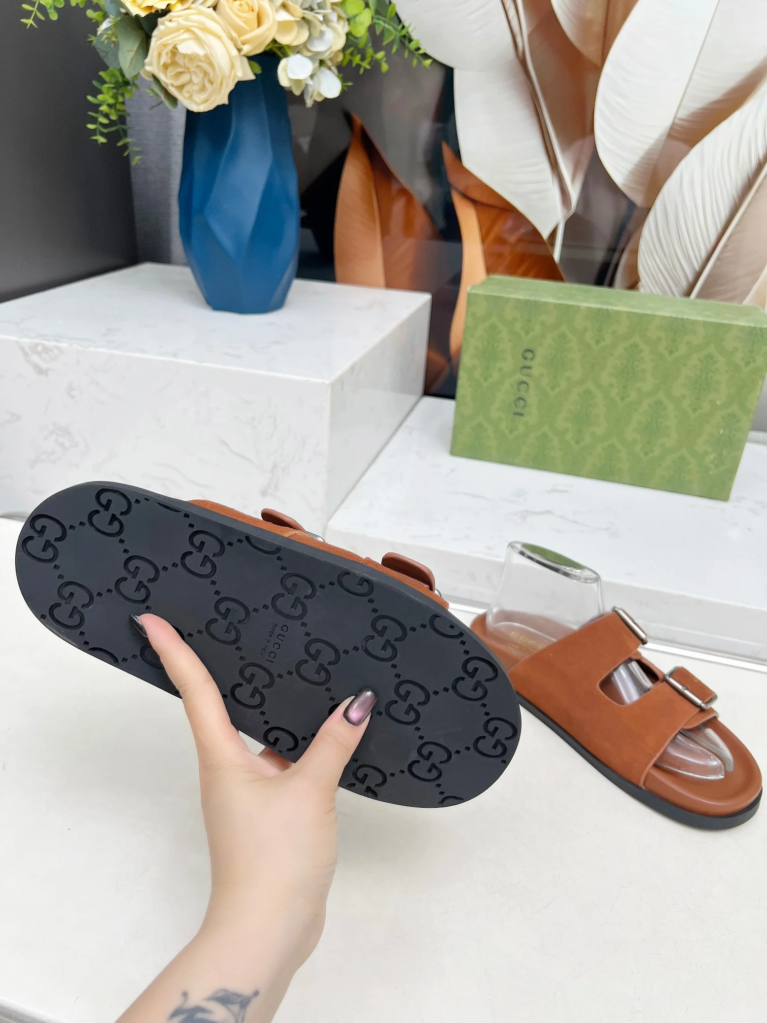 GUCCI Slides Lamb Leather Brown-Silver EU35-46 A80202609111215 - Image 3