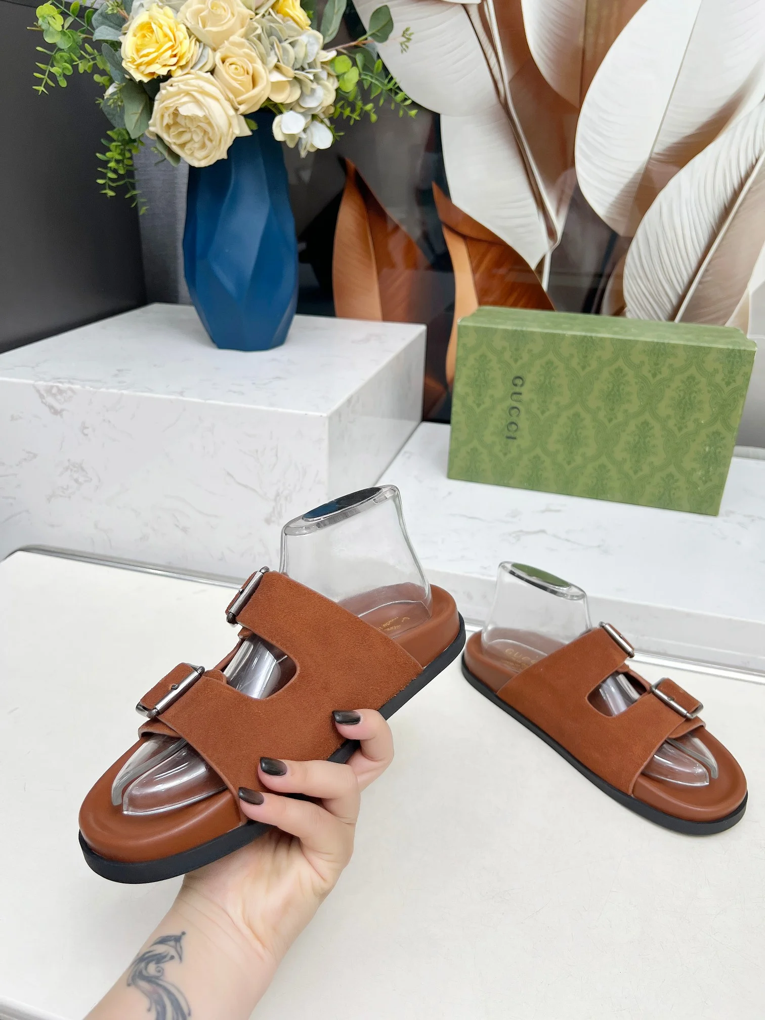 GUCCI Slides Lamb Leather Brown-Silver EU35-46 A80202609111215 - Image 7