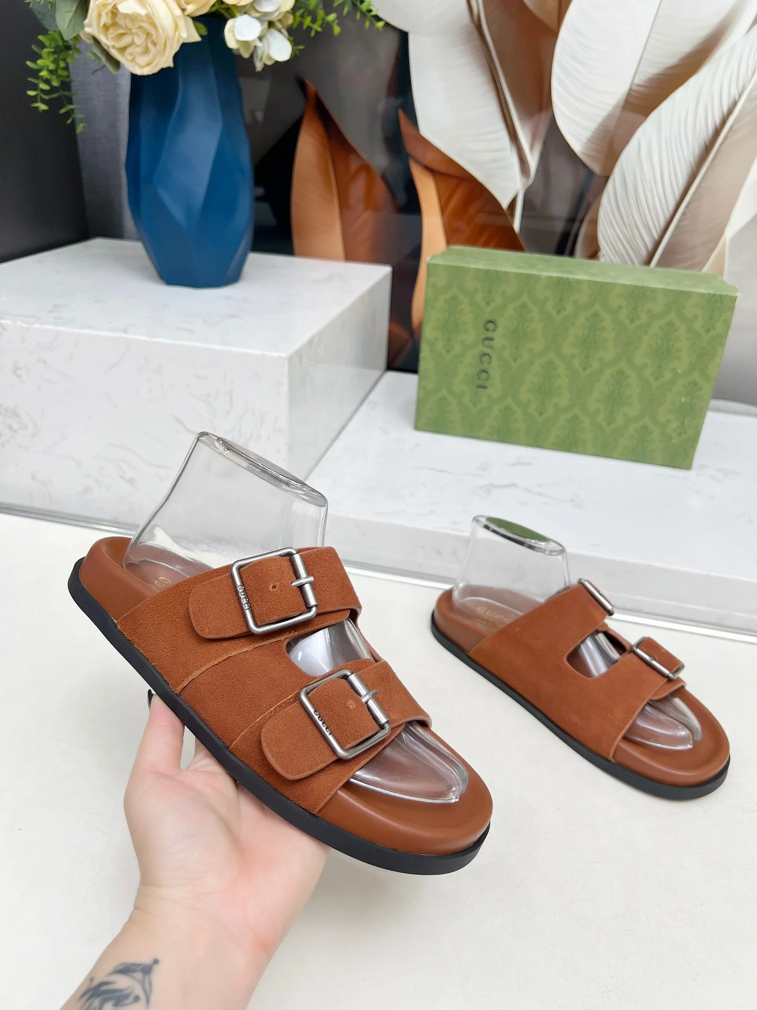 GUCCI Slides Lamb Leather Brown-Silver EU35-46 A80202609111215 - Image 8