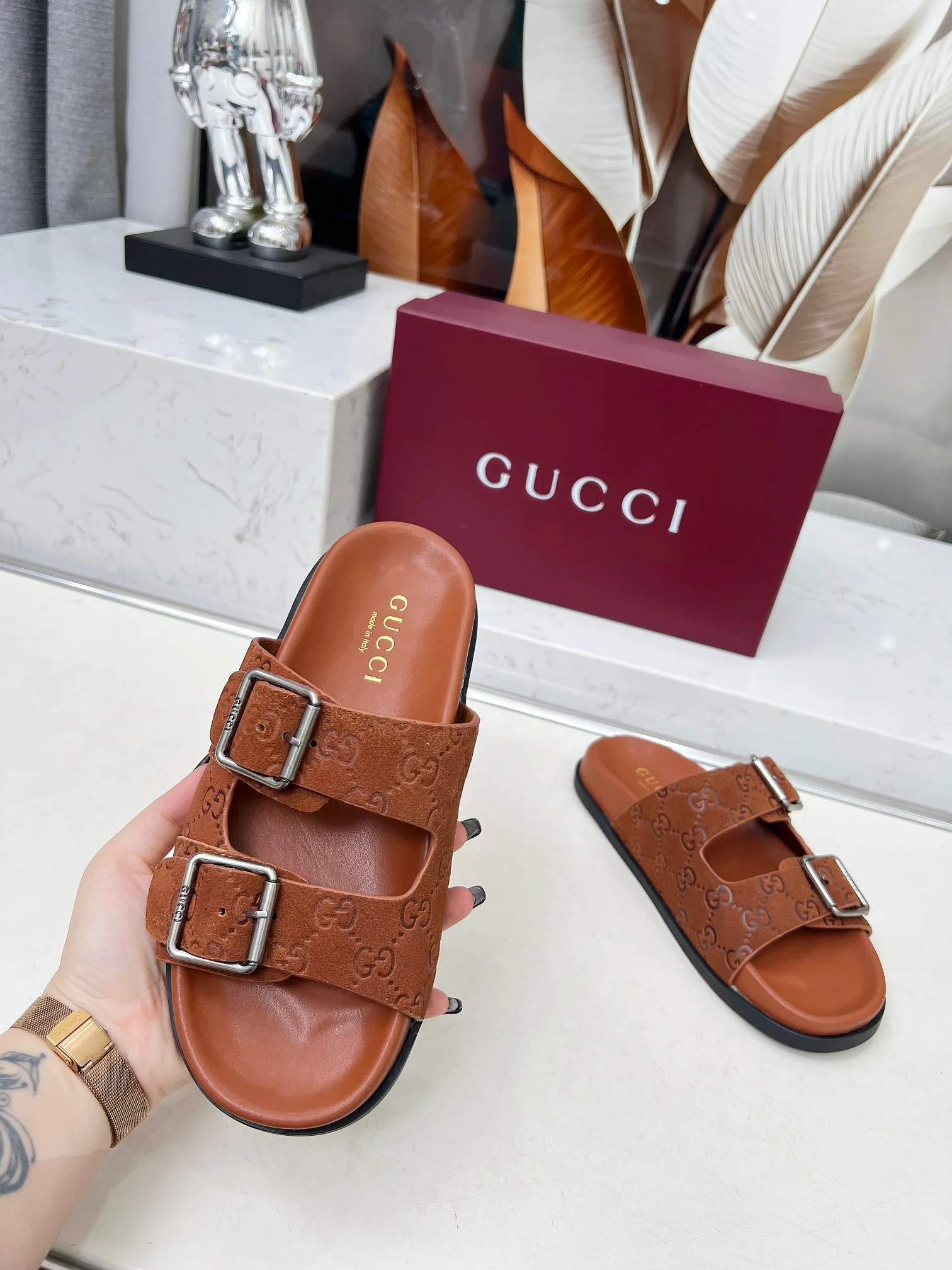 GUCCI Slides Sheepskin Brown-Silver EU35-46 A80202609111217 - Image 6