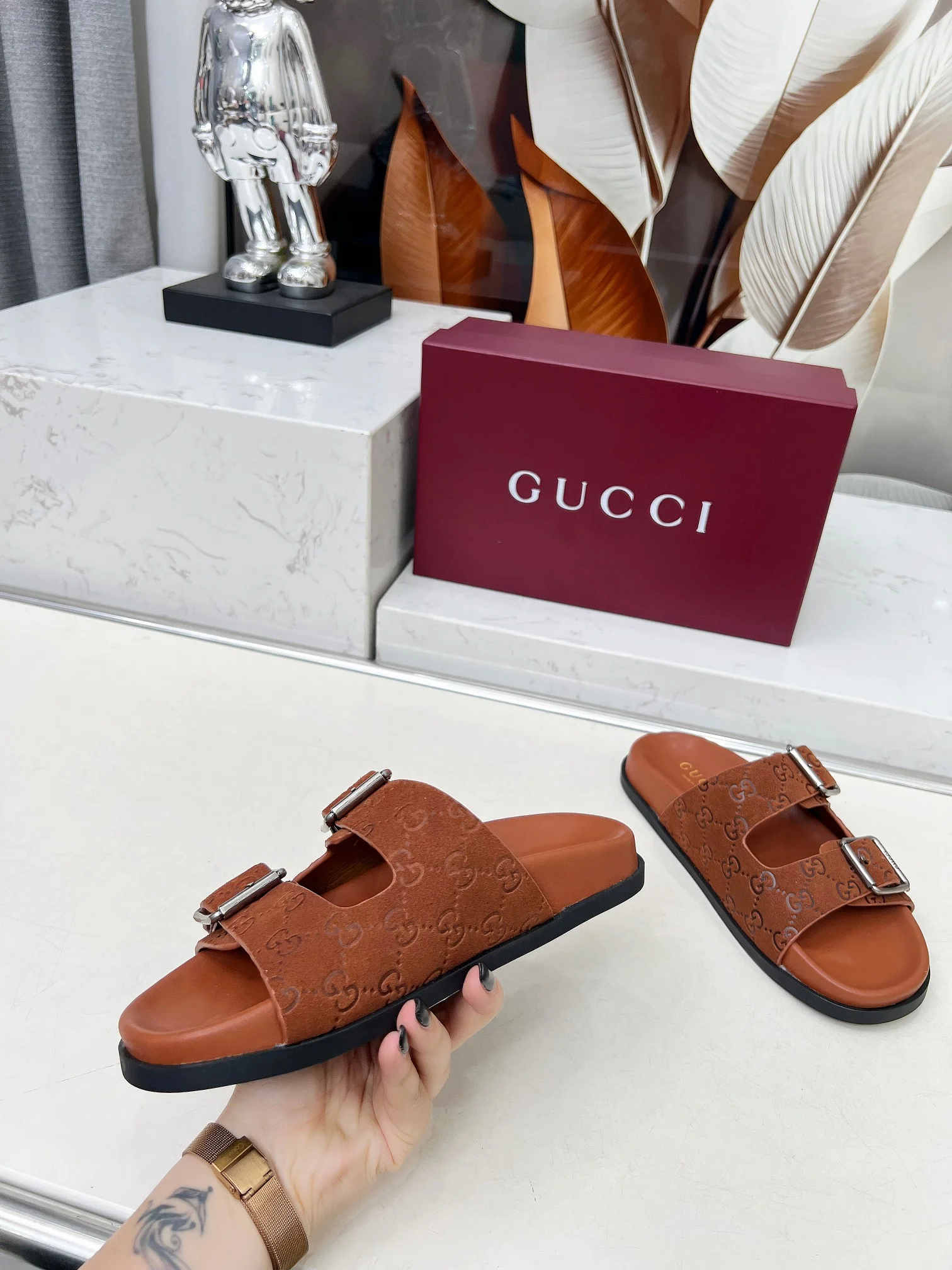 GUCCI Slides Sheepskin Brown-Silver EU35-46 A80202609111217 - Image 8