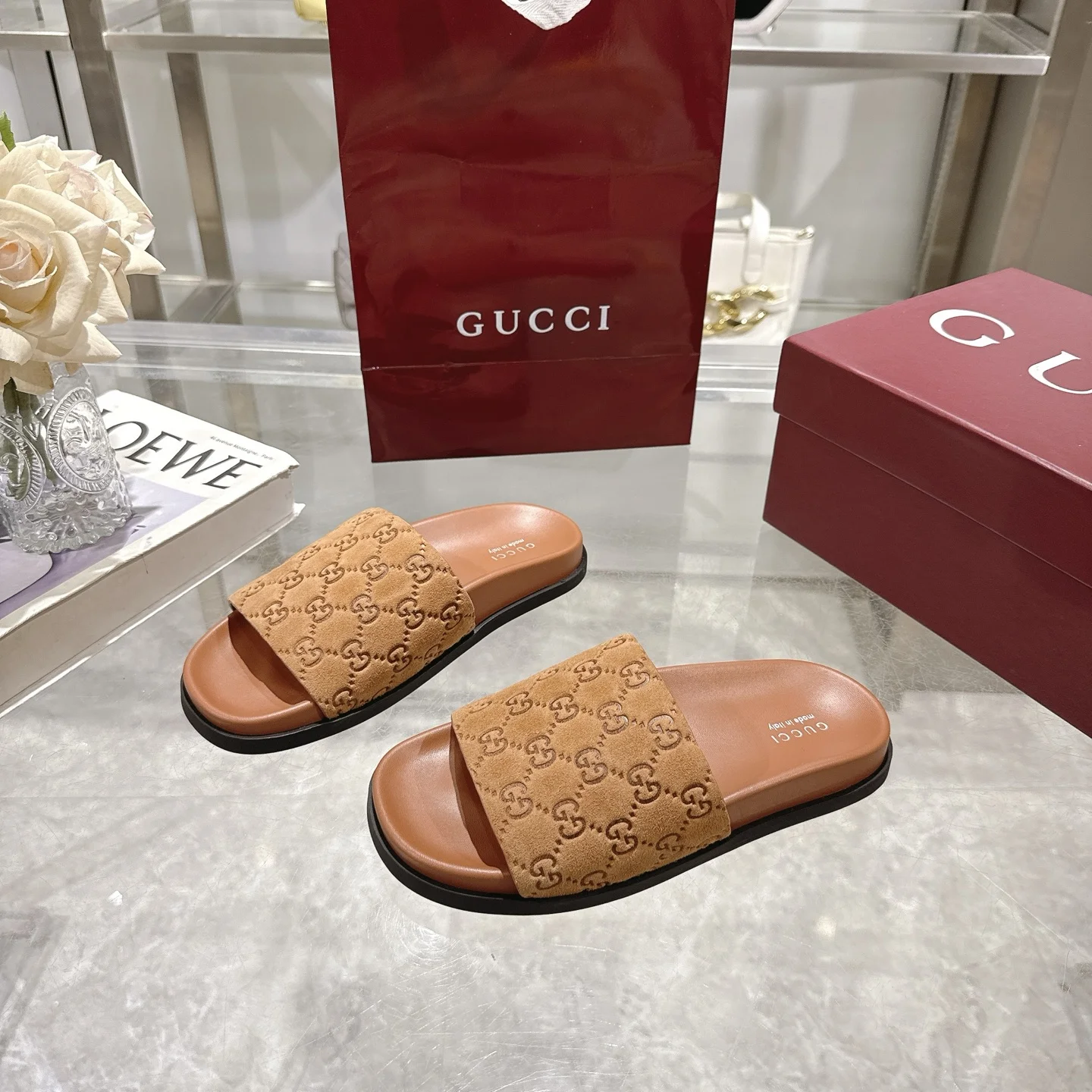GUCCI Slides Suede Calfskin Rubber Brown-Black EU36-47 A70202609111831 - Image 3