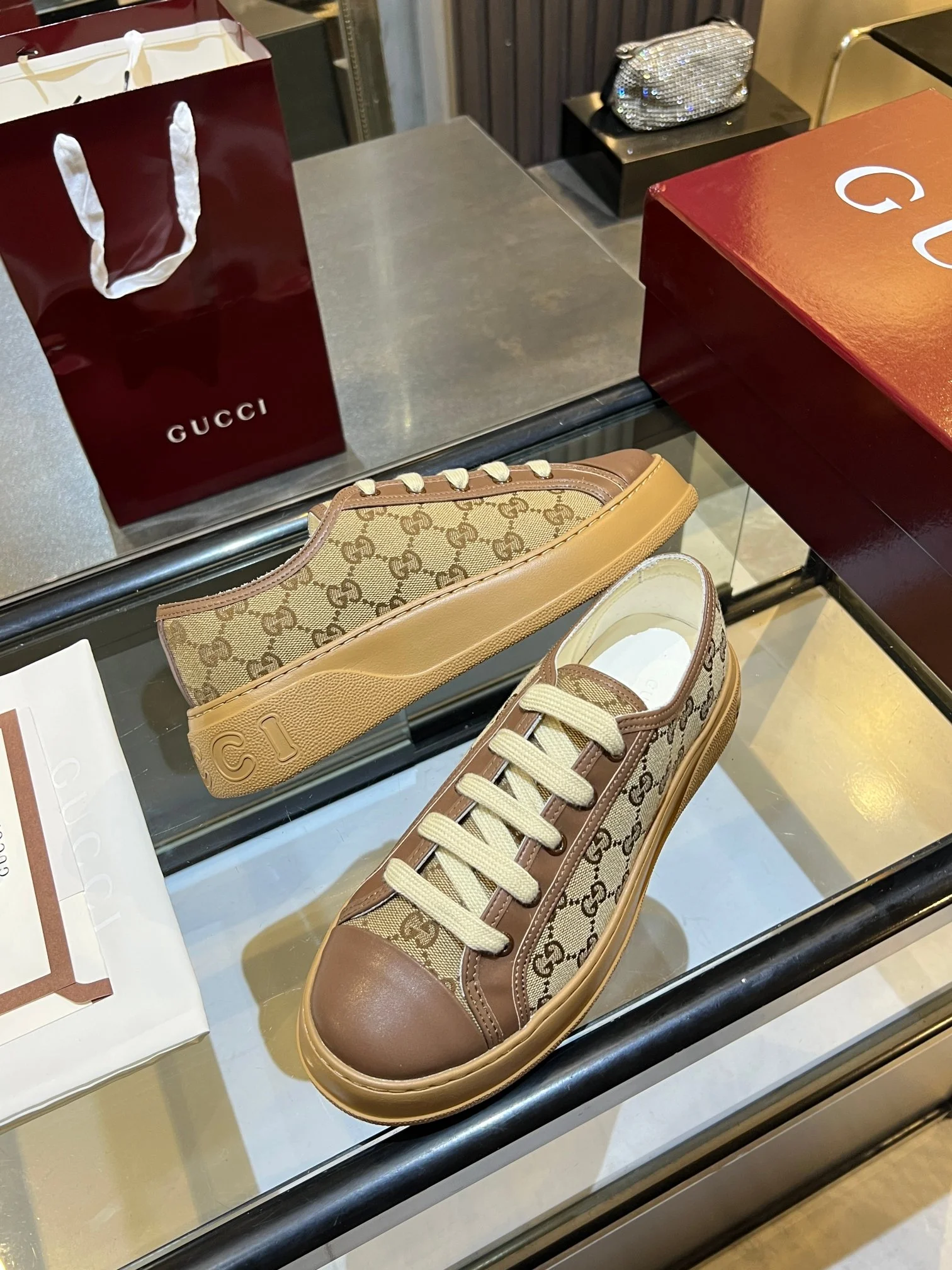GUCCI Sneakers Canvas and Leather Brown-Beige EU35-45 B60202609110577 - Image 6
