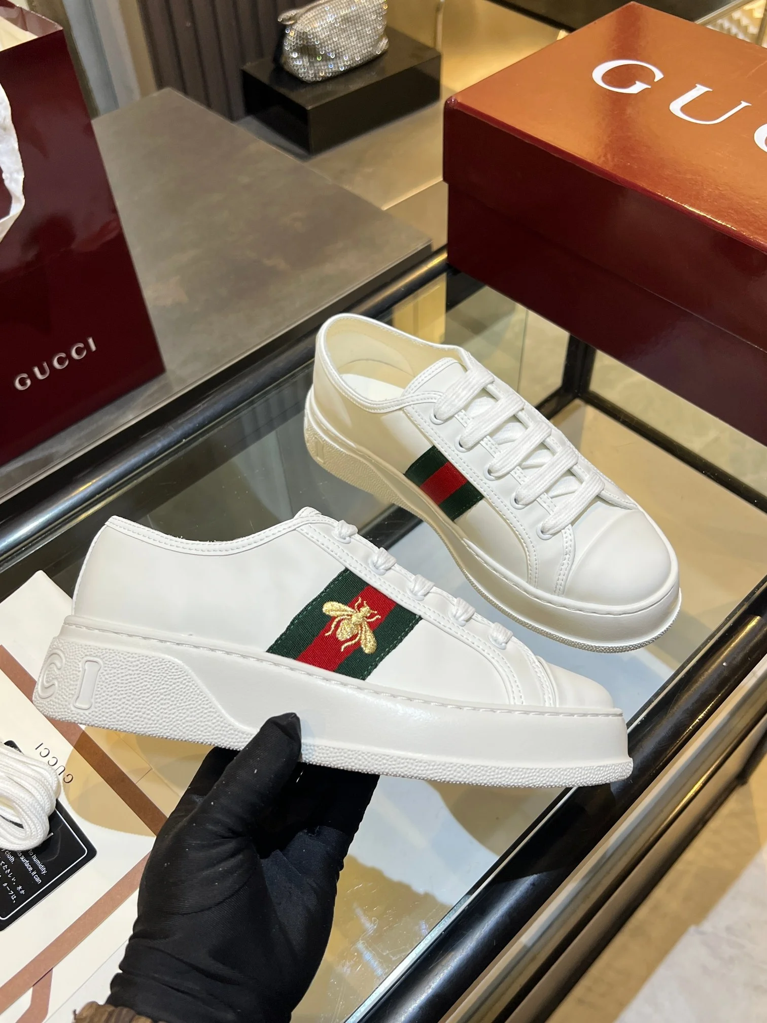 GUCCI Sneakers Jacquard Leather White-Green-Red-Gold EU35-45 B60202609110578