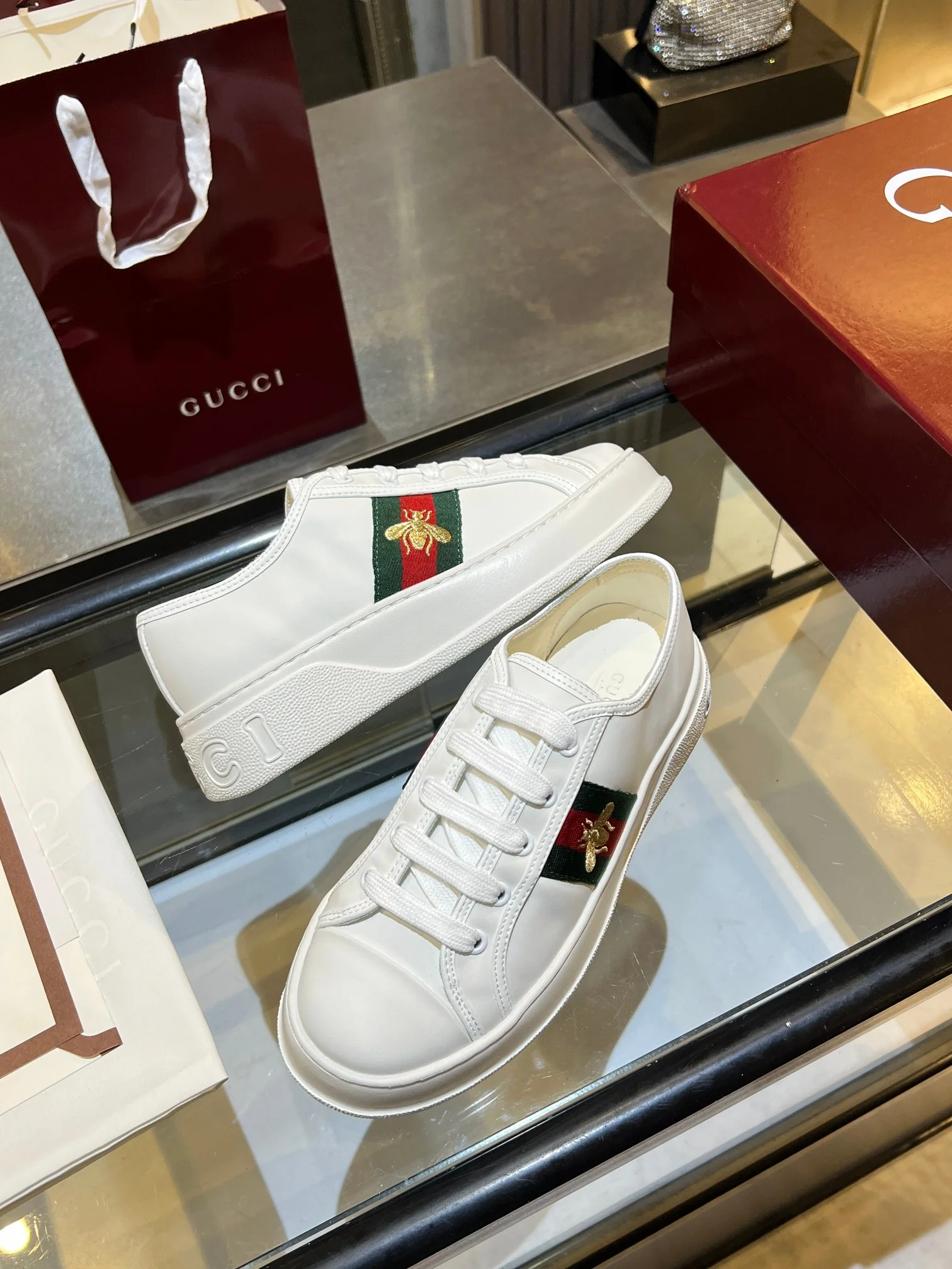 GUCCI Sneakers Jacquard Leather White-Green-Red-Gold EU35-45 B60202609110578 - Image 10