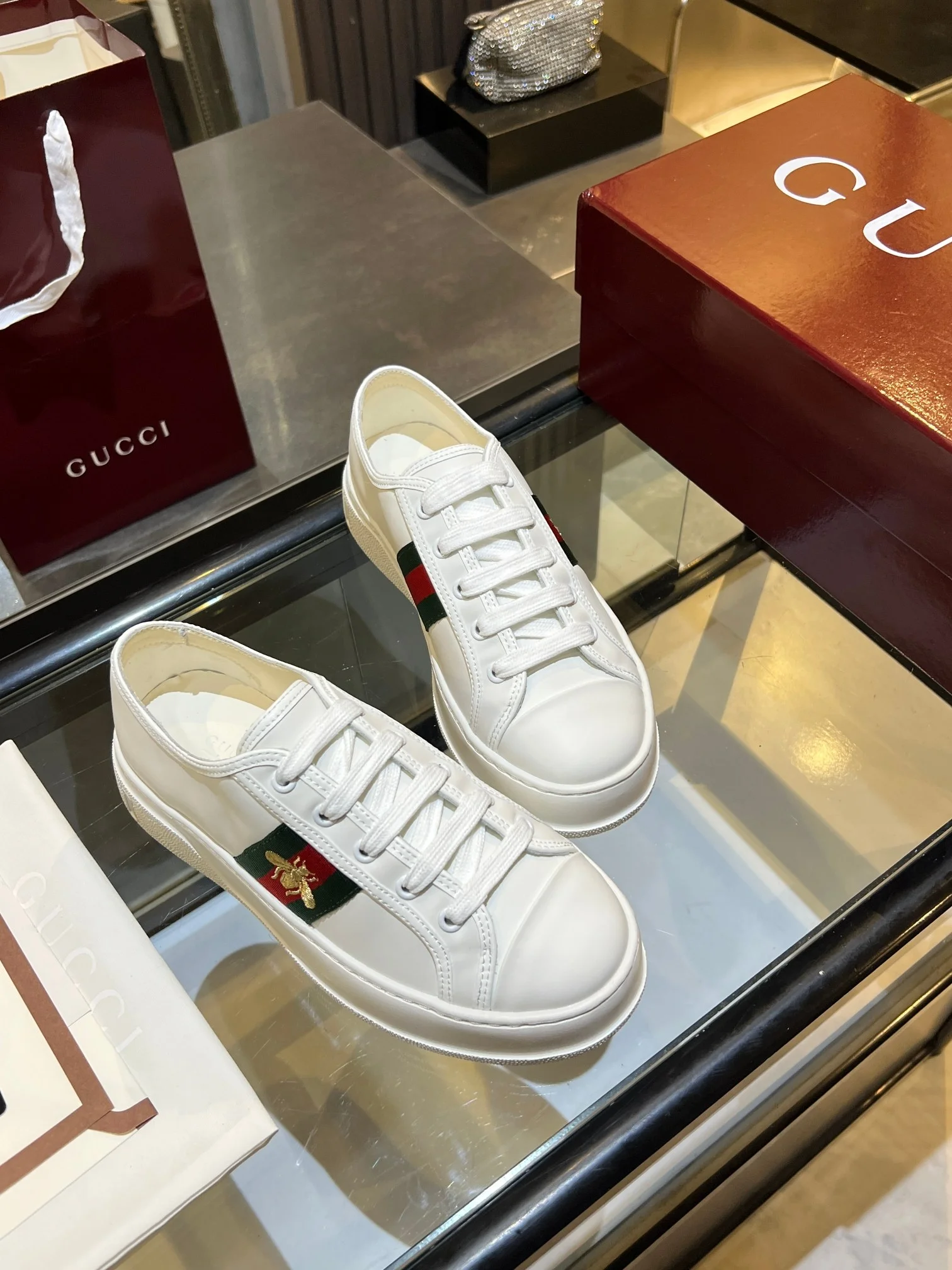 GUCCI Sneakers Jacquard Leather White-Green-Red-Gold EU35-45 B60202609110578 - Image 2