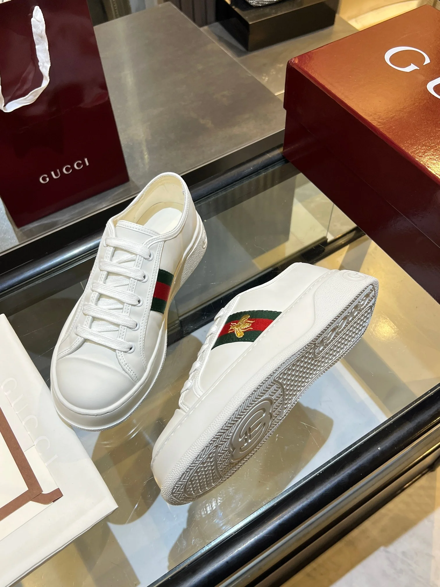GUCCI Sneakers Jacquard Leather White-Green-Red-Gold EU35-45 B60202609110578 - Image 4