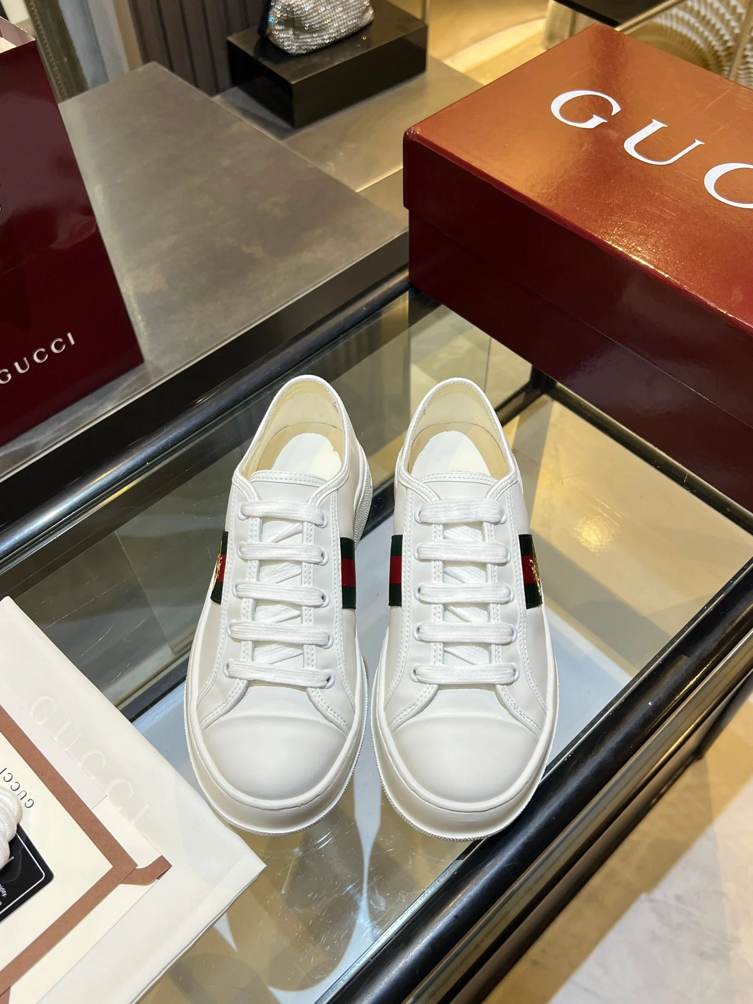 GUCCI Sneakers Jacquard Leather White-Green-Red-Gold EU35-45 B60202609110578 - Image 5