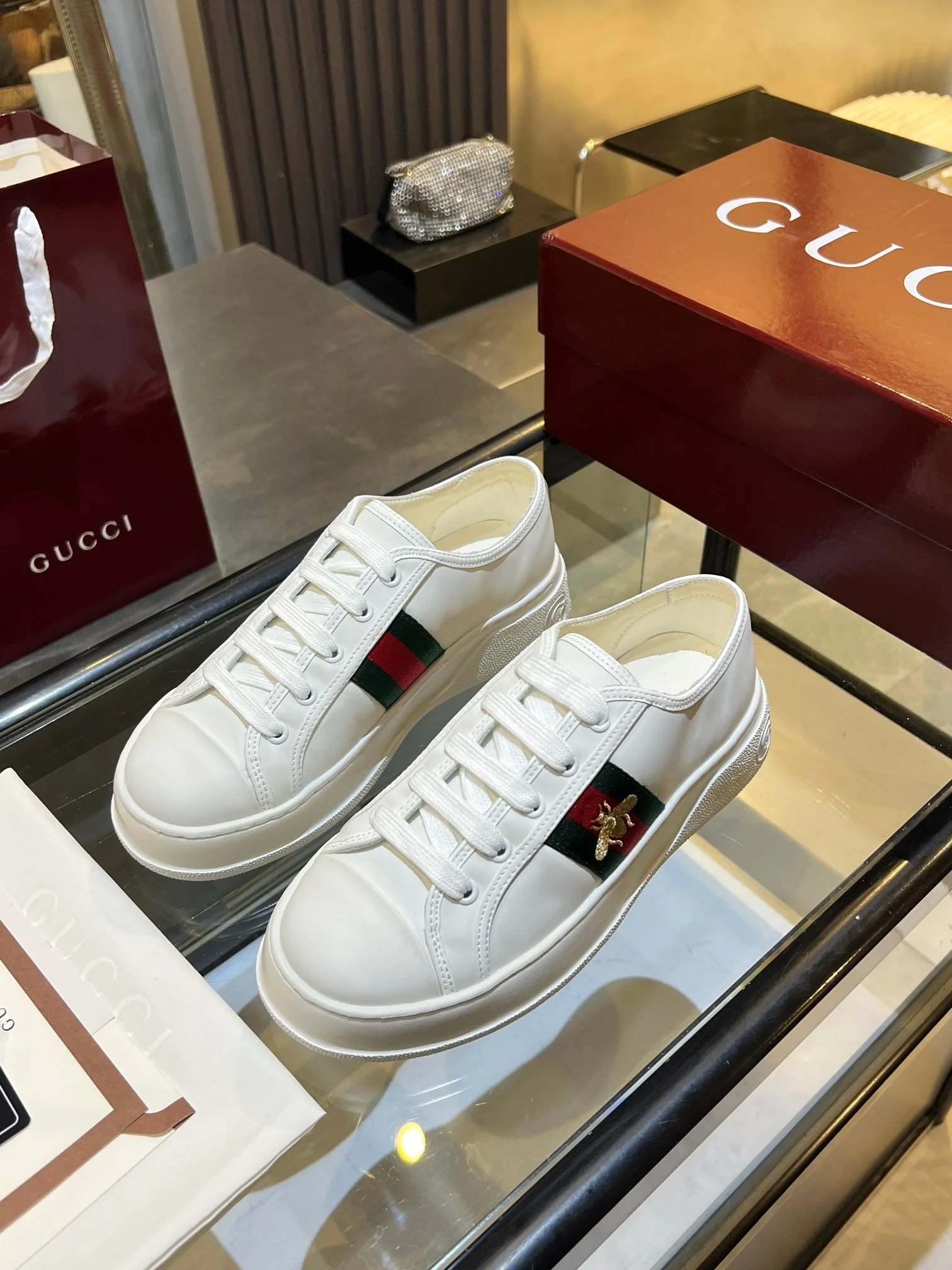 GUCCI Sneakers Jacquard Leather White-Green-Red-Gold EU35-45 B60202609110578 - Image 6