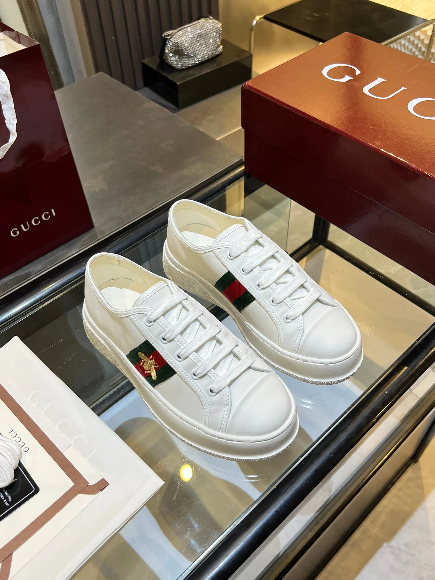 GUCCI Sneakers Jacquard Leather White-Green-Red-Gold EU35-45 B60202609110578 - Image 7