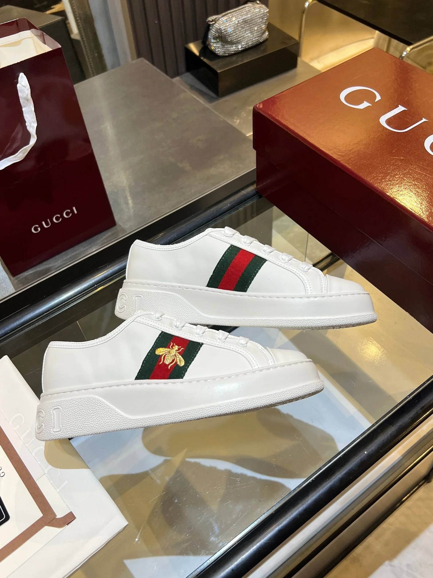 GUCCI Sneakers Jacquard Leather White-Green-Red-Gold EU35-45 B60202609110578 - Image 8