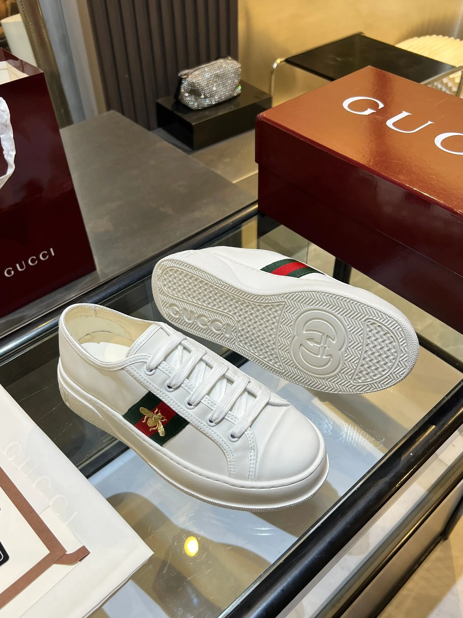 GUCCI Sneakers Jacquard Leather White-Green-Red-Gold EU35-45 B60202609110578 - Image 9