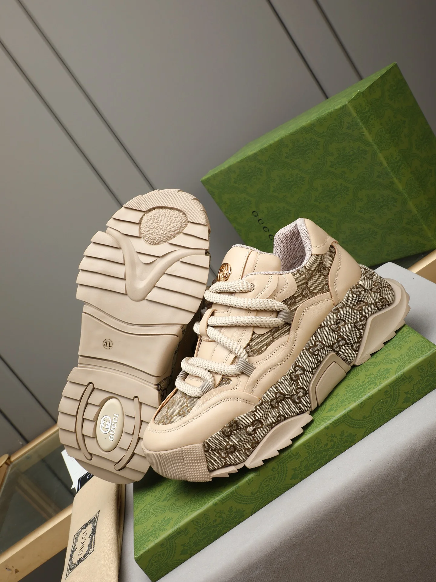 GUCCI Sneakers Leather Beige-Brown EU39-44 B90202609110723 - Image 3
