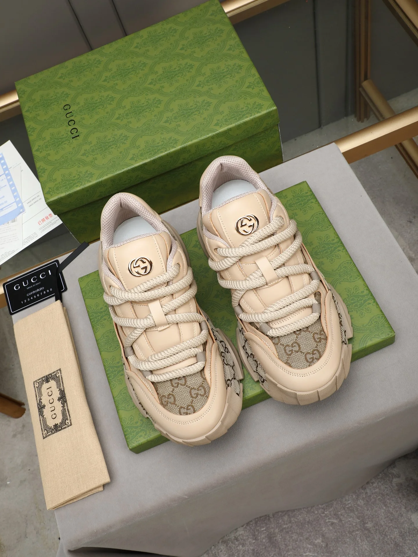 GUCCI Sneakers Leather Beige-Brown EU39-44 B90202609110723 - Image 7