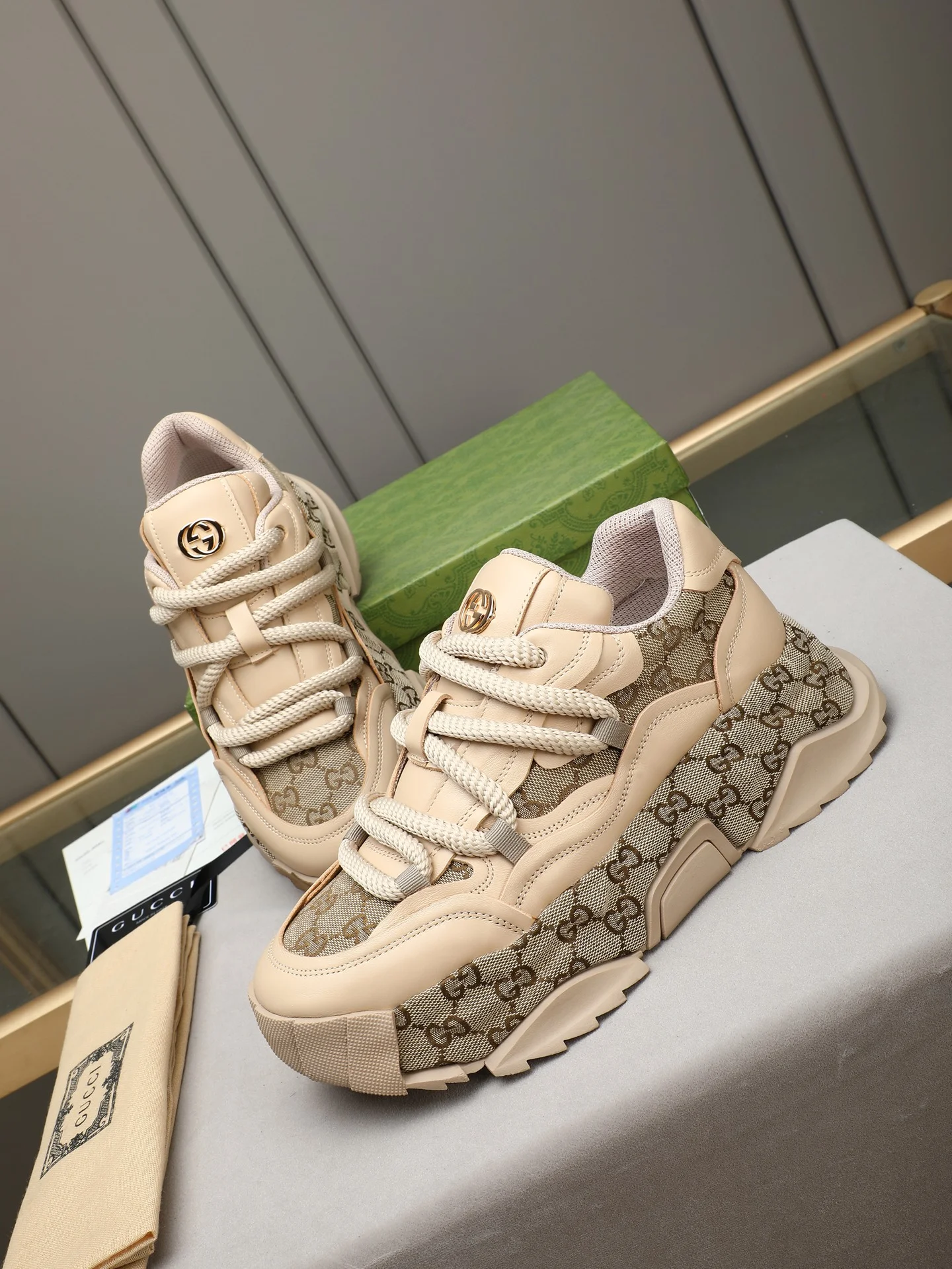 GUCCI Sneakers Leather Beige-Brown EU39-44 B90202609110723 - Image 8