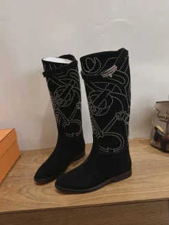 HERMES Boots Calfskin Leather Black-Silver EU35-42 A010202609111467