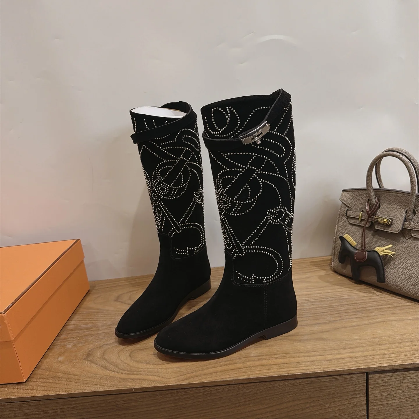HERMES Boots Calfskin Leather Black-Silver EU35-42 A010202609111467