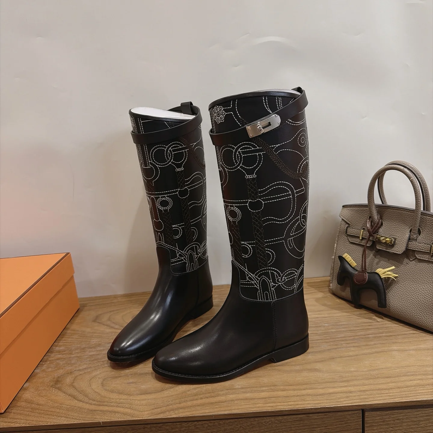 HERMES Boots Calfskin Leather Black-White EU35-42 A010202609111471
