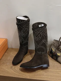 HERMES Boots Calfskin Leather Brown-Silver EU35-42 A010202609111468