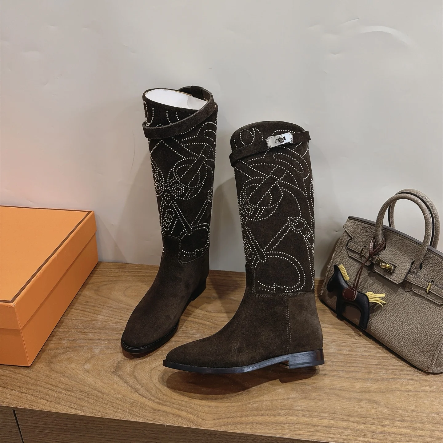HERMES Boots Calfskin Leather Brown-Silver EU35-42 A010202609111468
