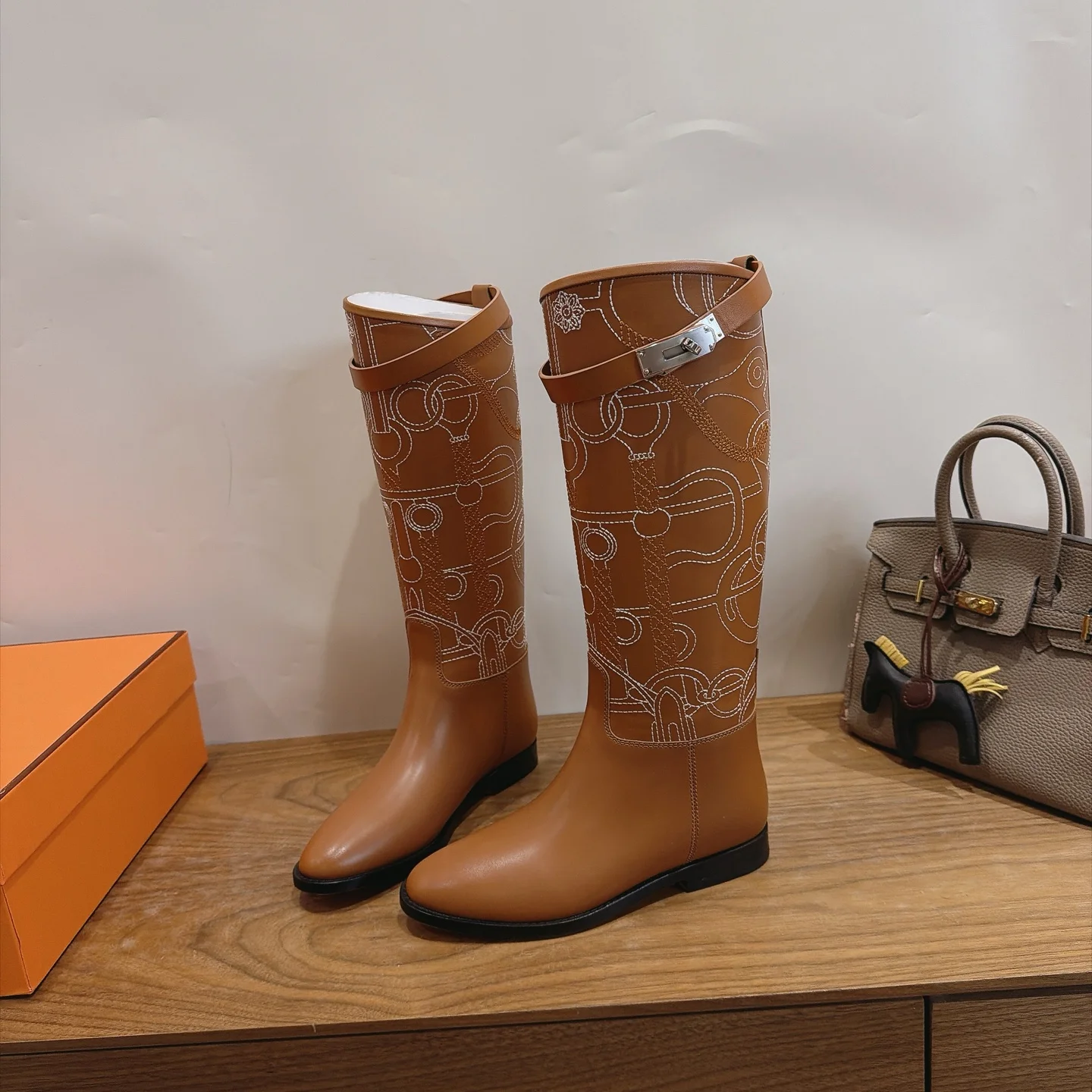 HERMES Boots Calfskin Leather Brown-White EU35-42 A010202609111469