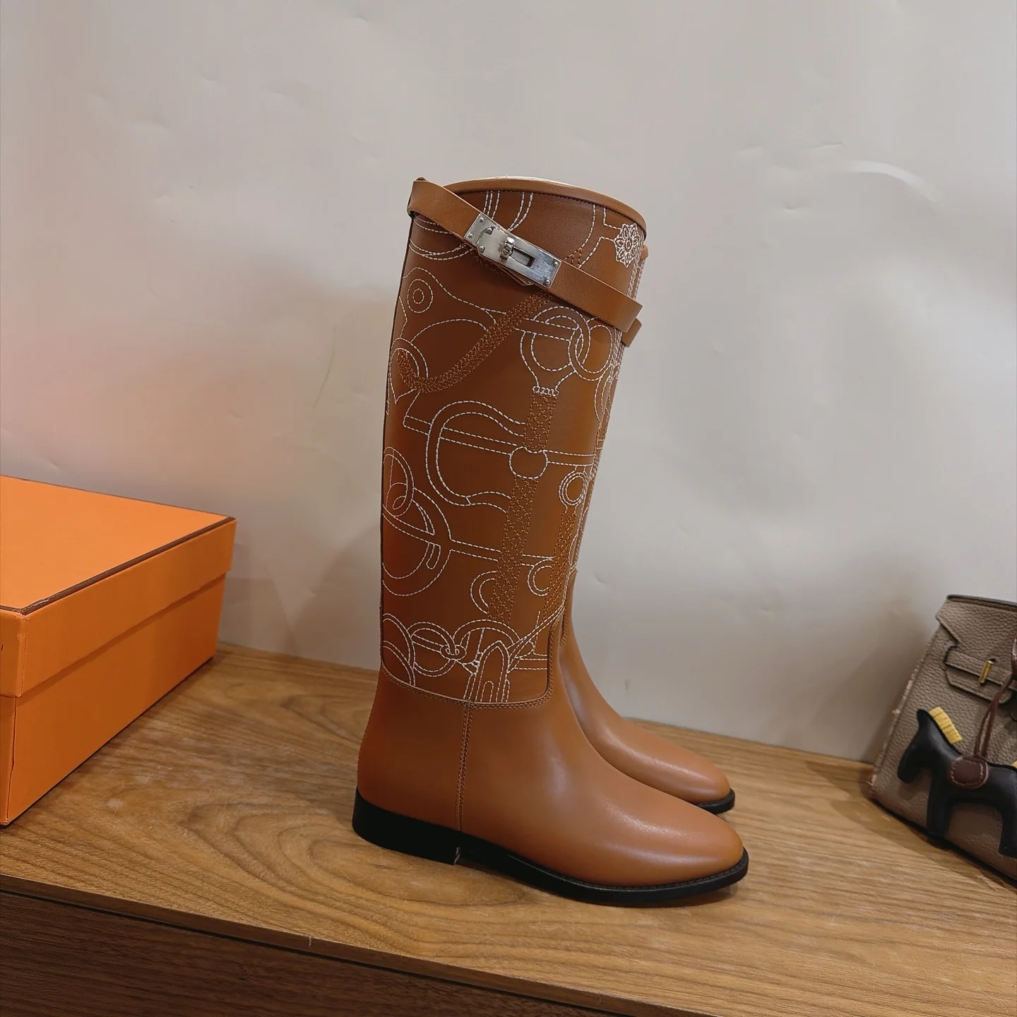 HERMES Boots Calfskin Leather Brown-White EU35-42 A010202609111469 - Image 4