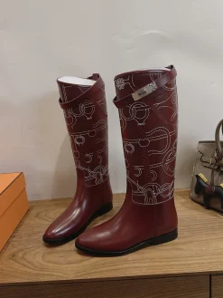 HERMES Boots Calfskin Leather Burgundy-White EU35-42 A010202609111470