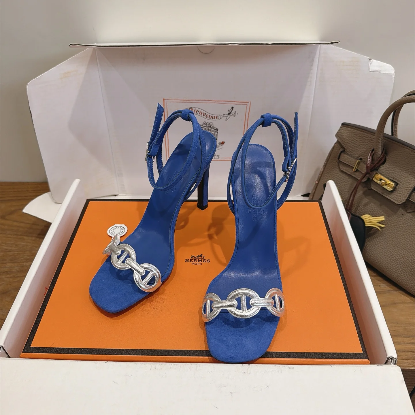 HERMES Heels Calf Leather Blue-Silver EU35-42 C40202609111466
