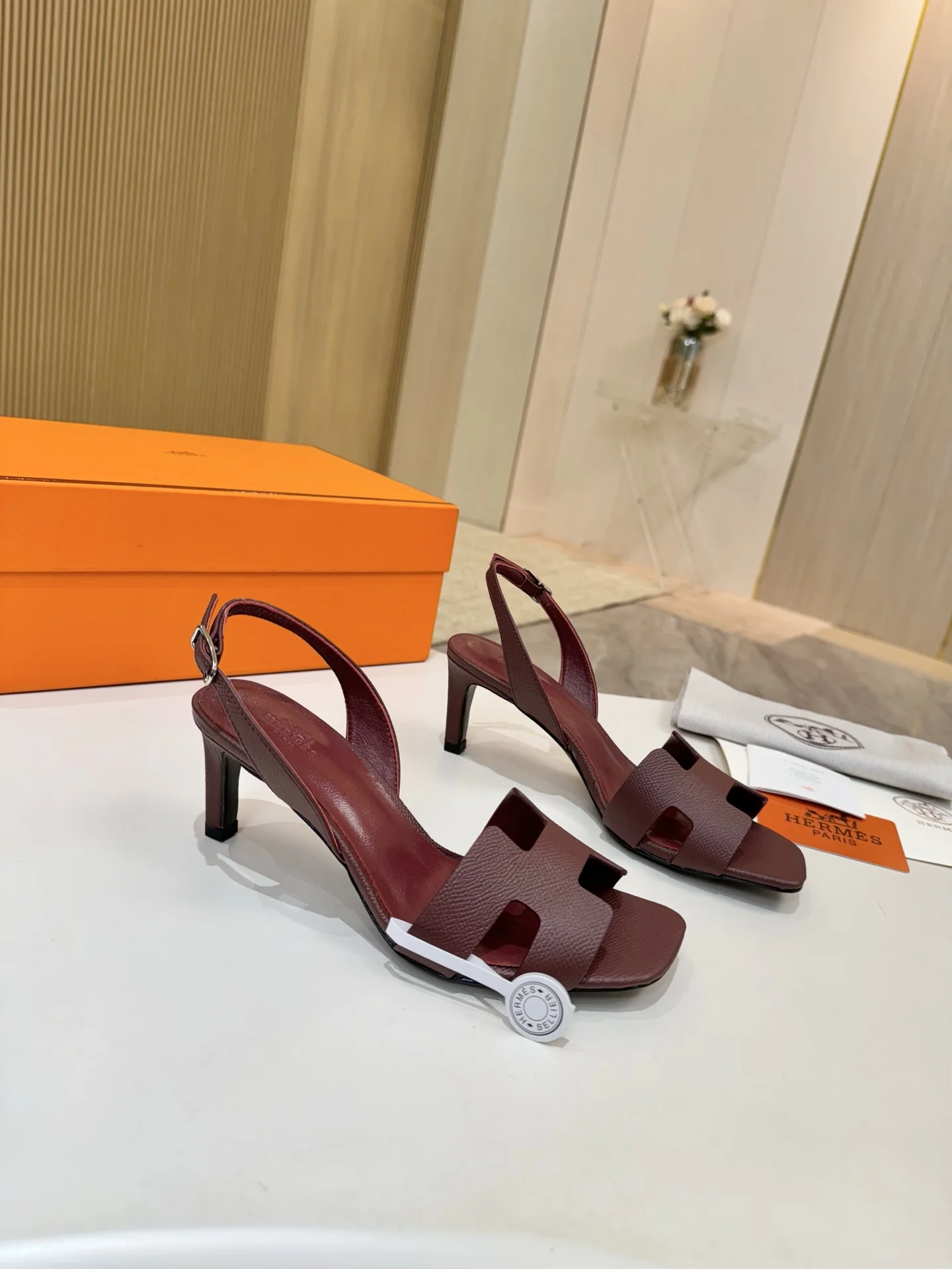 HERMES Heels Calfskin Leather Burgundy EU34-43 B90202609111475 - Image 7