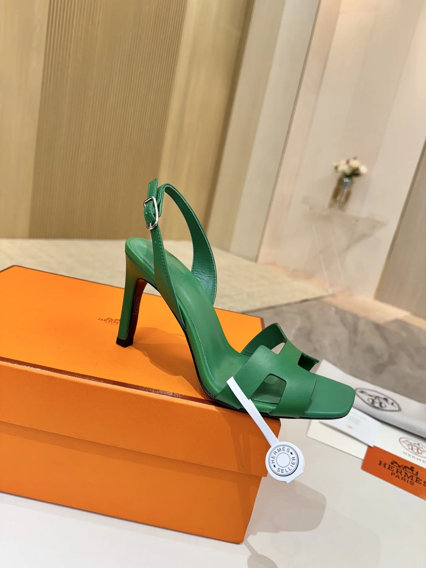 HERMES Heels Calfskin Leather Green EU34-43 B90202609111501