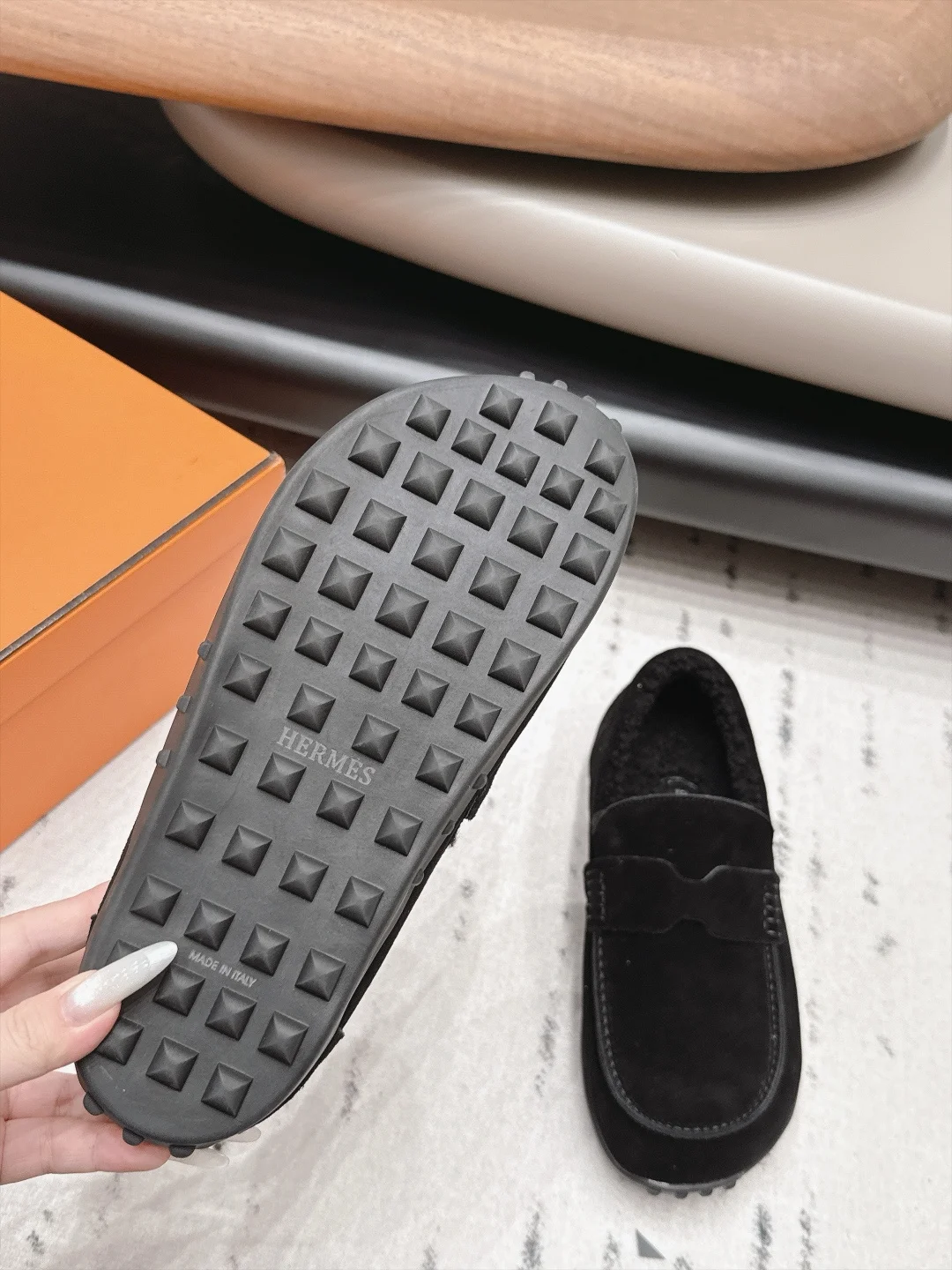 HERMES Loafers Suede Wool Black EU35-44 B90202609111537 - Image 9