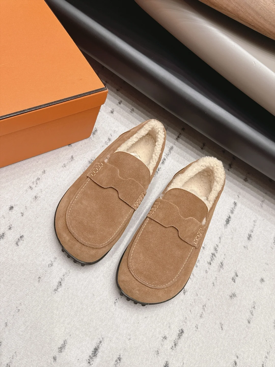 HERMES Loafers Suede Wool Brown-Cream EU35-44 B90202609111535