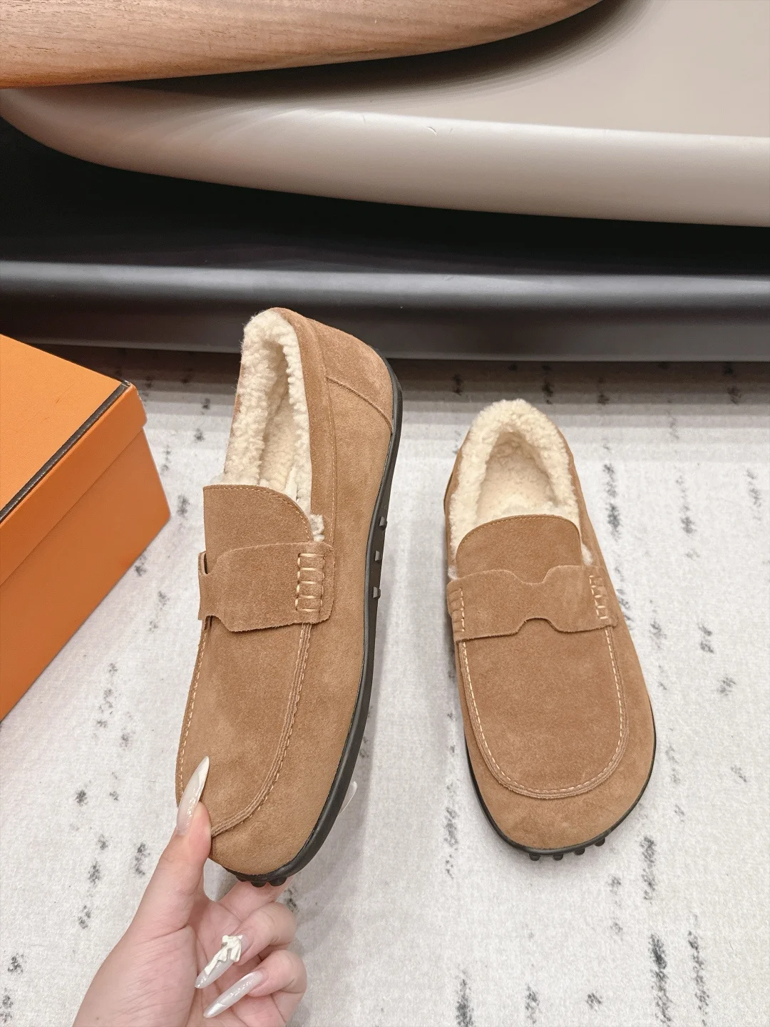HERMES Loafers Suede Wool Brown-Cream EU35-44 B90202609111535 - Image 4