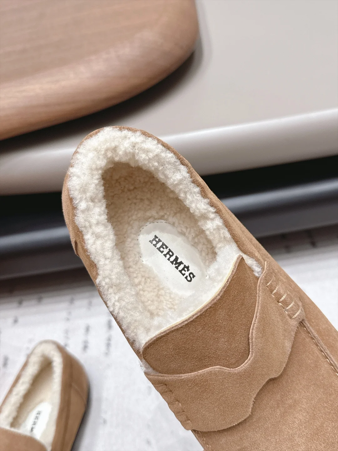 HERMES Loafers Suede Wool Brown-Cream EU35-44 B90202609111535 - Image 6