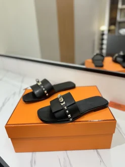 Alternative view of HERMES Slides Calfskin Leather Black-Silver EU35-40 B20202609111863