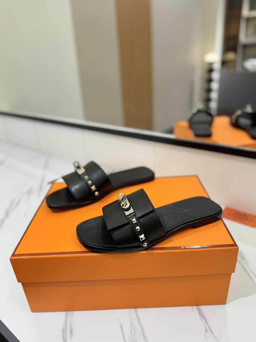 HERMES Slides Calfskin Leather Black-Silver EU35-40 B20202609111863 - Image 2