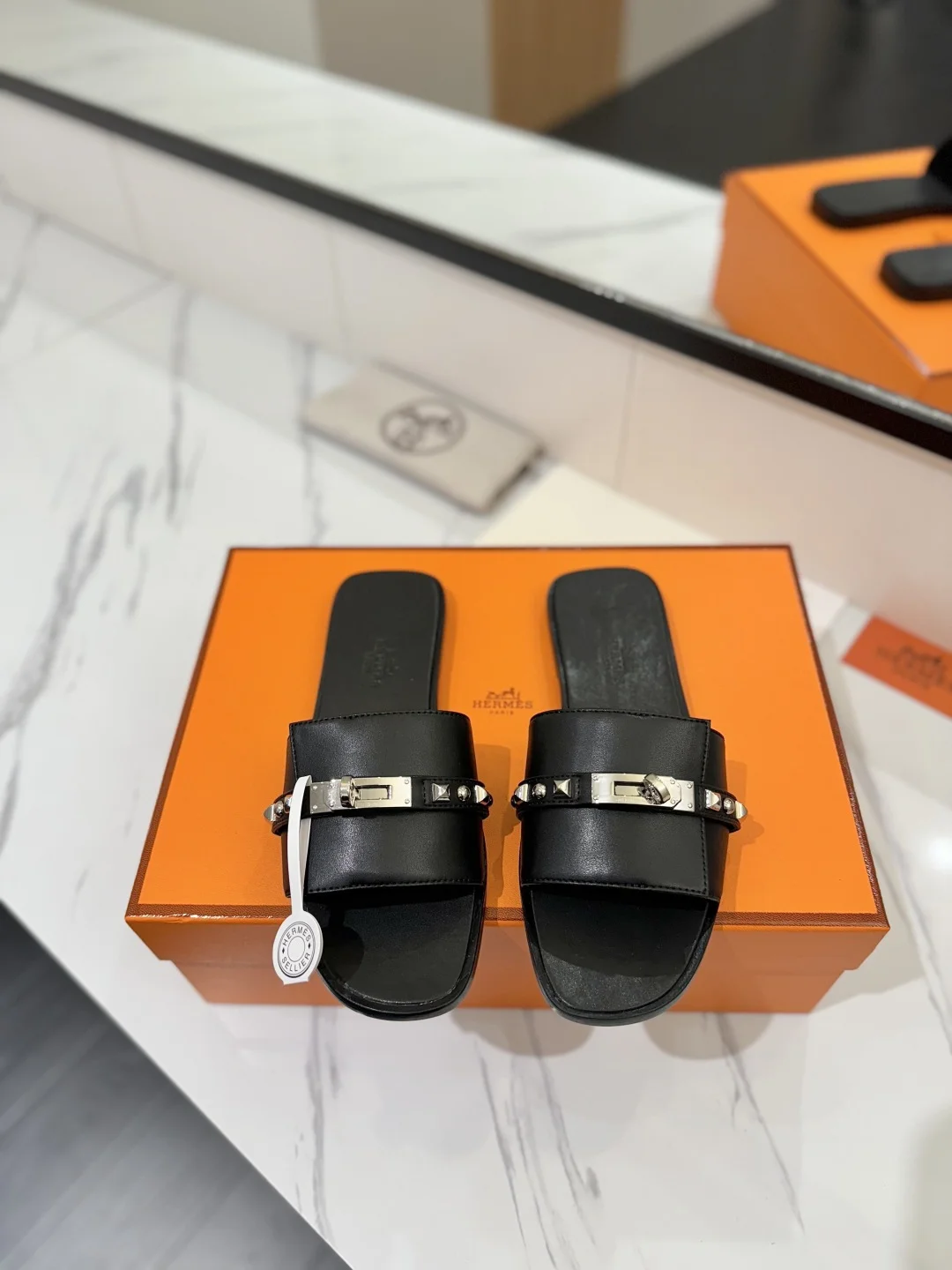 HERMES Slides Calfskin Leather Black-Silver EU35-40 B20202609111863 - Image 3