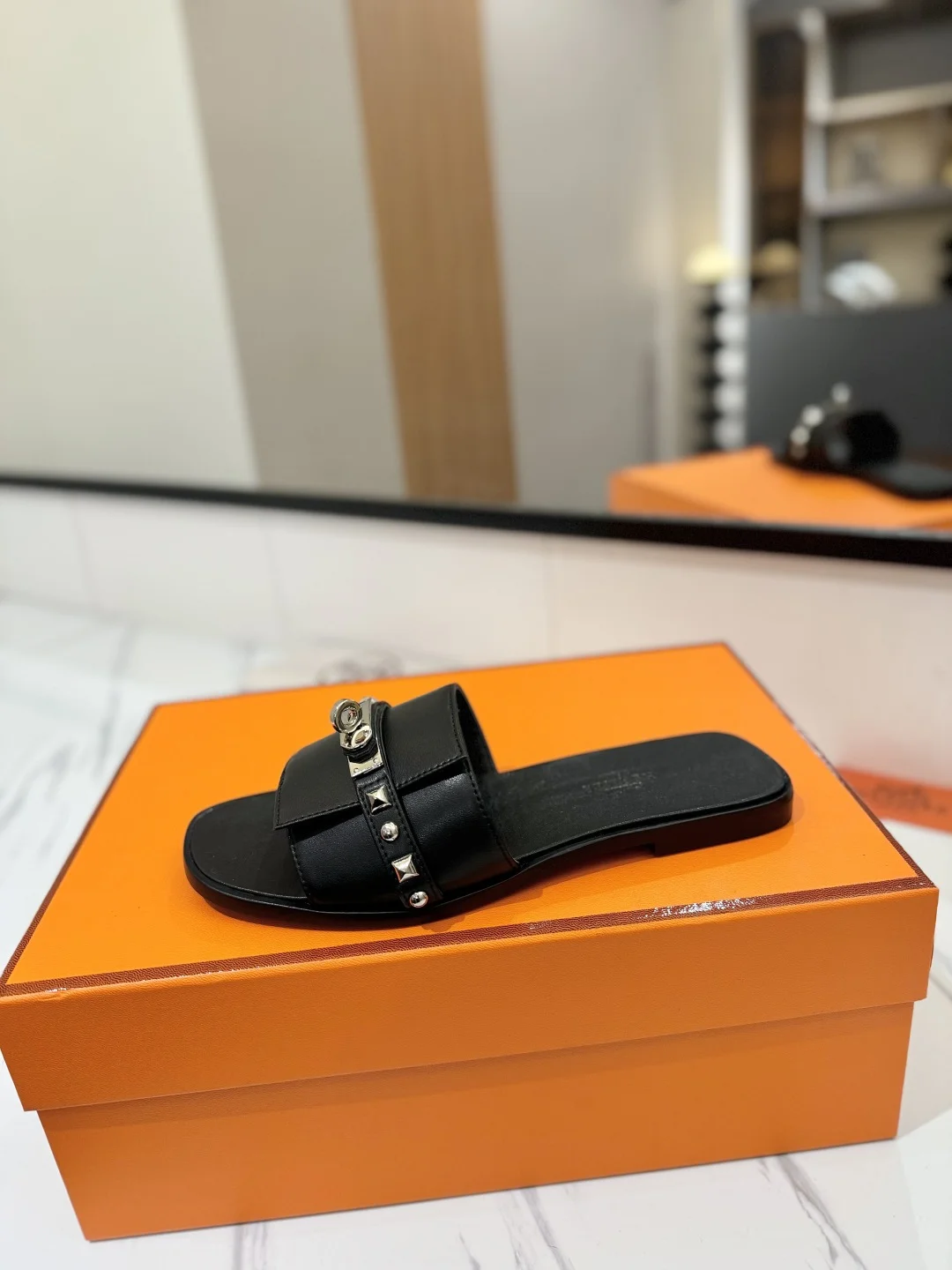 HERMES Slides Calfskin Leather Black-Silver EU35-40 B20202609111863 - Image 4